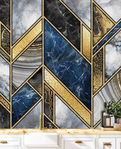 blue, grey and gold art deco wall mural