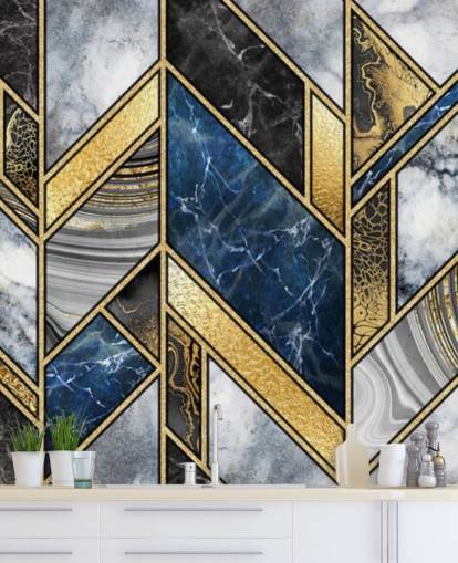 murale art deco blu, grigio e oro