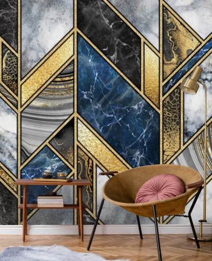 blå, grå og guld art deco vægmaleri