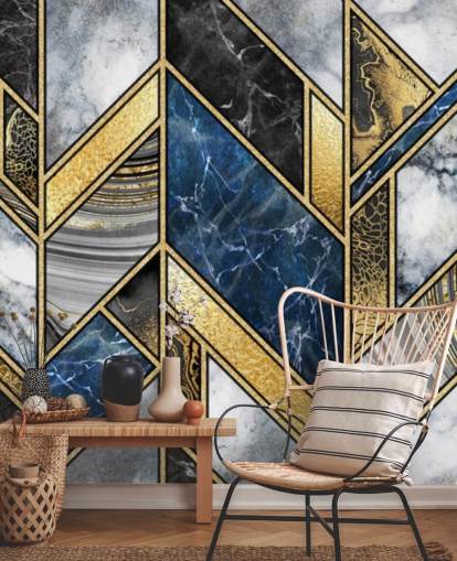 mural de pared art deco azul, gris y dorado