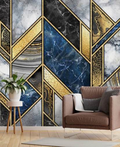 blå, grå og guld art deco vægmaleri