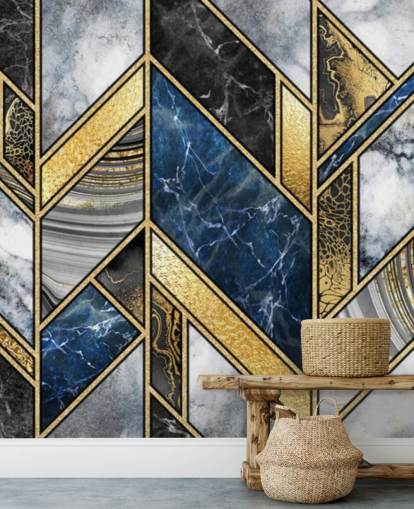 mural de pared art deco azul, gris y dorado