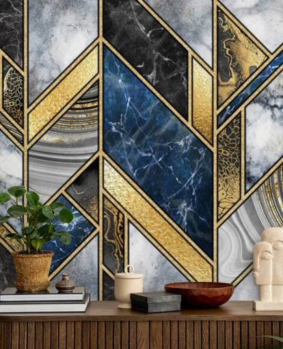 Blaues, graues und goldenes Art Deco Wandgemälde