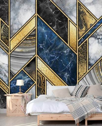 blue, grey and gold art deco wall mural