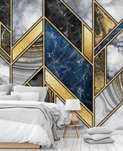 mural de pared art deco azul, gris y dorado