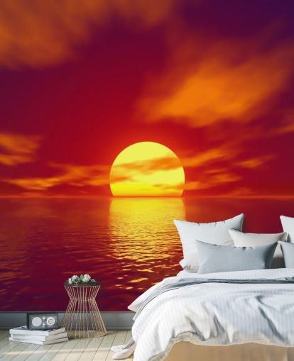 mural de papel de parede vermelho ao pôr do sol chamado Red Sunset para banheiros, quartos e salas de estar