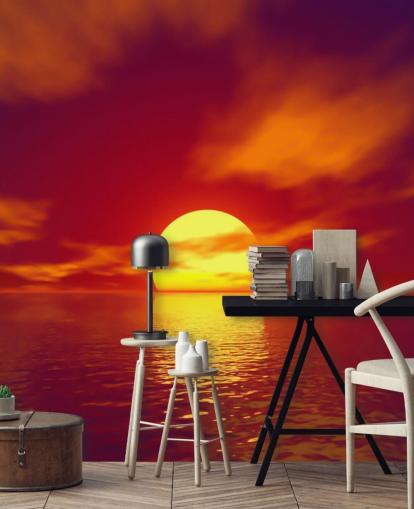 mural de papel pintado rojo al atardecer llamado Red Sunset para baños, dormitorios y salas de estar