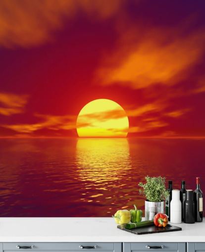 rode zonsondergang behangmuurschildering genaamd Red Sunset voor badkamers, slaapkamers en woonkamers
