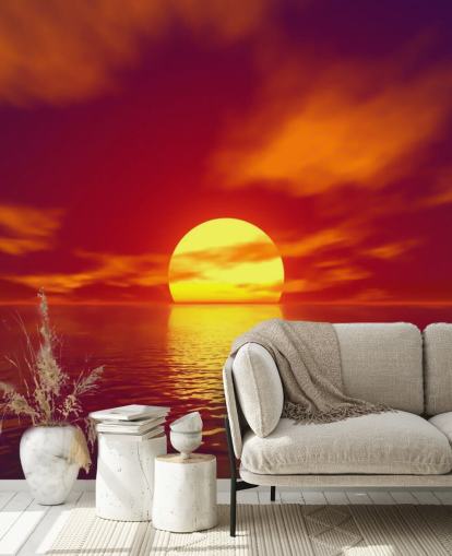 mural de papel de parede vermelho ao pôr do sol chamado Red Sunset para banheiros, quartos e salas de estar