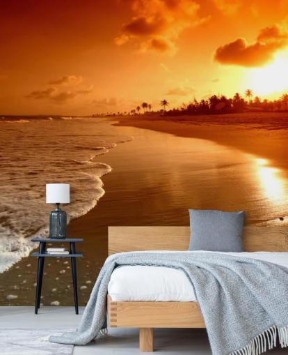 Carta da parati arancione tramonto sulla spiaggia tropicale