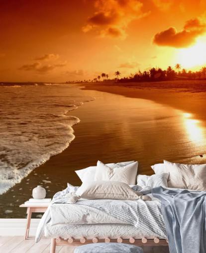 Papel de Parede Laranja Pôr do Sol na Praia Tropical Papel de Parede Laranja Pôr do Sol na Praia Tropical