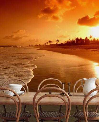 Oranje zonsondergang op tropisch strand behang