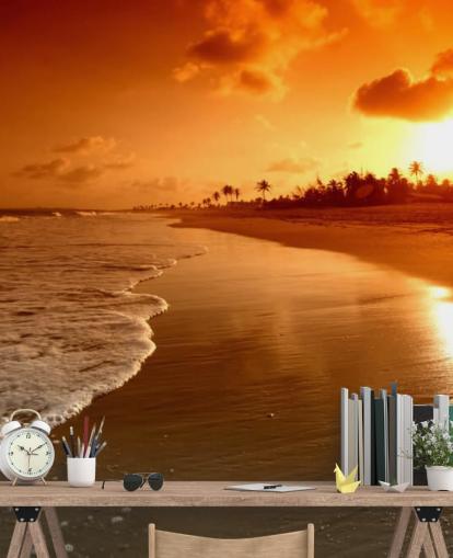 Orange Solnedgang på tropisk strand tapet