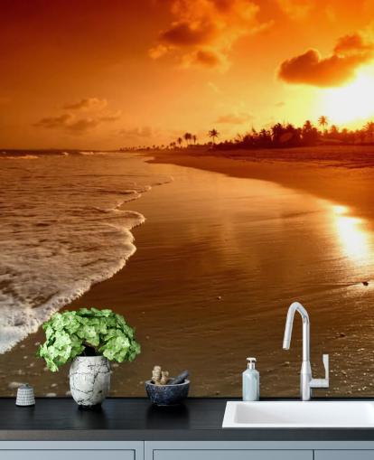 Orange Sunset on Tropical Beach Wallpaper