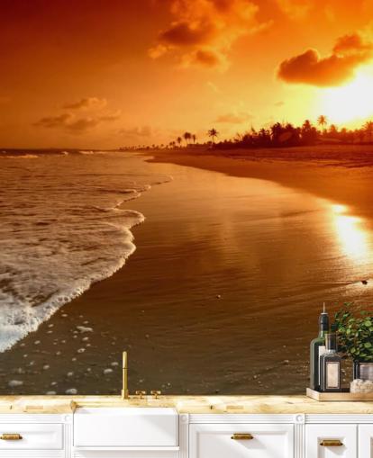 Orange Sunset on Tropical Beach Wallpaper