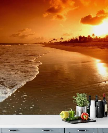 Orange Sunset on Tropical Beach Wallpaper