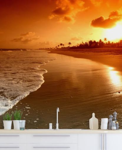 Orange Sunset on Tropical Beach Wallpaper Orange Sunset on Tropical Beach Wallpaper