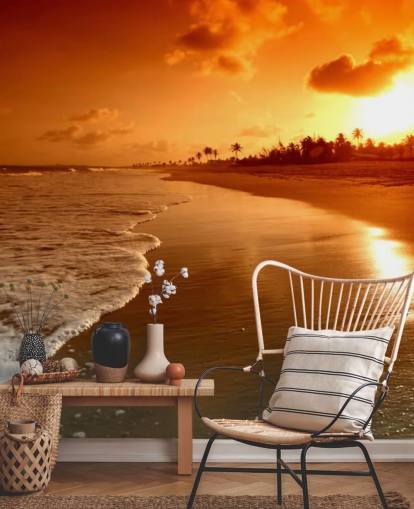 Carta da parati arancione tramonto sulla spiaggia tropicale