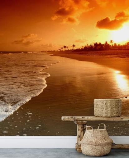 Papier peint coucher de soleil orange sur une plage tropicale Papier peint coucher de soleil orange sur une plage tropicale