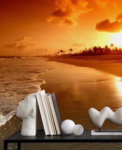 Fondo de pantalla de atardecer naranja en playa tropical