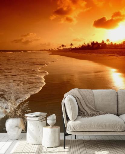 Orange Sunset on Tropical Beach Wallpaper Orange Sunset on Tropical Beach Wallpaper