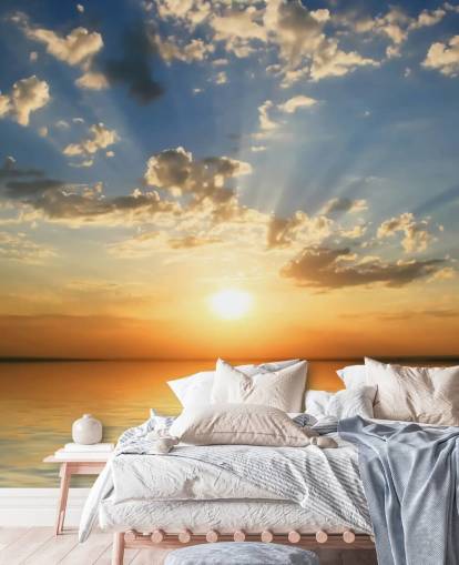 Blauw en oranje uitzicht op zee zonsondergang behang Blauw en oranje uitzicht op zee zonsondergang behang