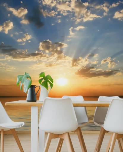 Blauw en oranje uitzicht op zee zonsondergang behang Blauw en oranje uitzicht op zee zonsondergang behang