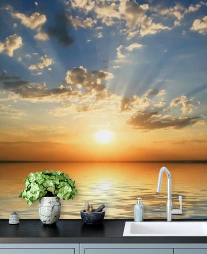 Papel de parede azul e laranja com vista para o mar