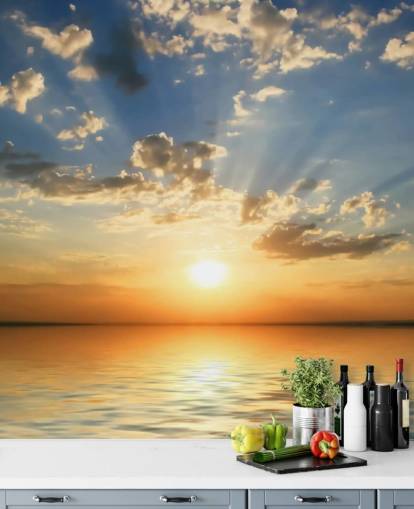 Blauw en oranje uitzicht op zee zonsondergang behang