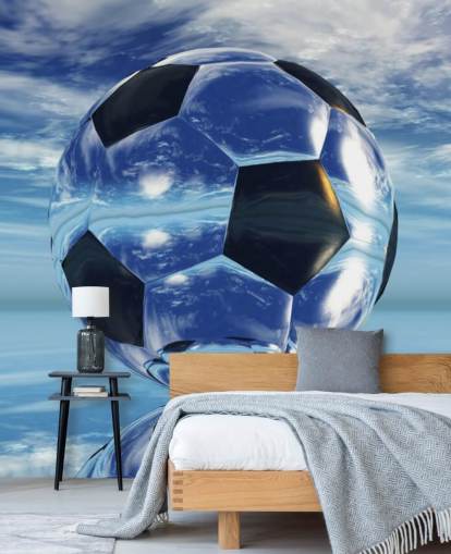 mural azul de papel pintado de fútbol infantil llamado Aqua Football para dormitorios infantiles y salas de juegos