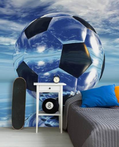 blaue Fußball-Tapete für Kinder namens Aqua Football für Kinder- und Spielzimmer