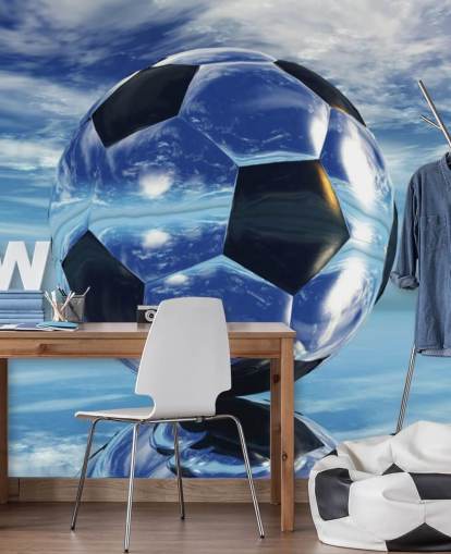 mural azul de papel pintado de fútbol infantil llamado Aqua Football para dormitorios infantiles y salas de juegos