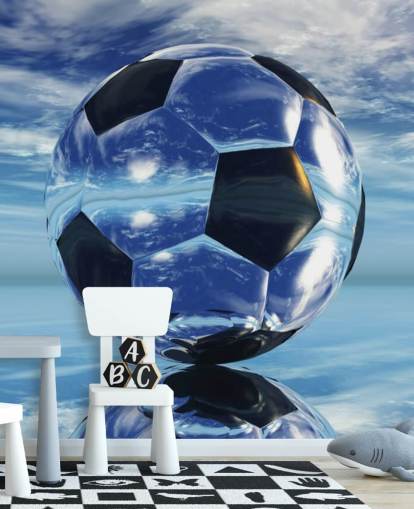 carta da parati murale blu con calcio per bambini chiamato Aqua Football per camere da letto e sale giochi per bambini