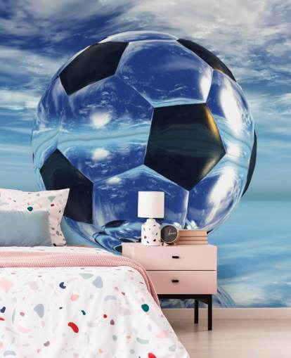 carta da parati murale blu con calcio per bambini chiamato Aqua Football per camere da letto e sale giochi per bambini