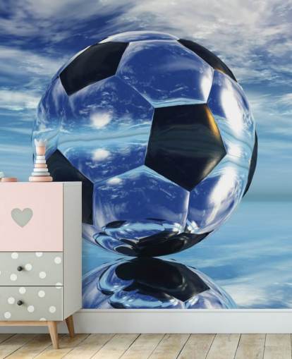 carta da parati murale blu con calcio per bambini chiamato Aqua Football per camere da letto e sale giochi per bambini