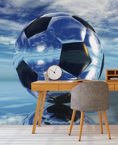 mural azul de papel pintado de fútbol infantil llamado Aqua Football para dormitorios infantiles y salas de juegos