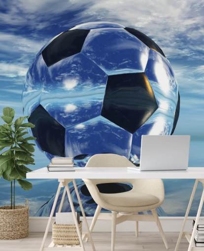 blå børnefodbold tapetmaleri kaldet Aqua Football til børns soveværelser og legerum