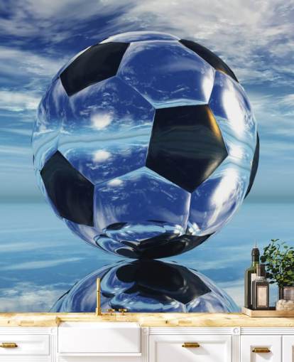 mural azul de papel pintado de fútbol infantil llamado Aqua Football para dormitorios infantiles y salas de juegos