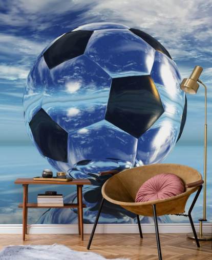 mural azul de papel pintado de fútbol infantil llamado Aqua Football para dormitorios infantiles y salas de juegos