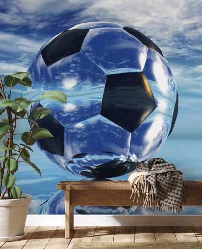 carta da parati murale blu con calcio per bambini chiamato Aqua Football per camere da letto e sale giochi per bambini