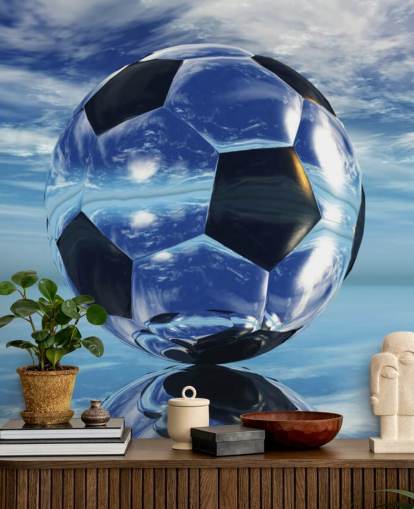 mural azul de papel pintado de fútbol infantil llamado Aqua Football para dormitorios infantiles y salas de juegos