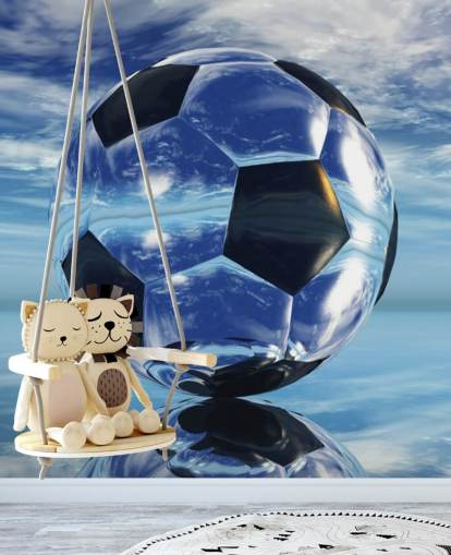 blauwe muurschildering voor kindervoetbal genaamd Aqua Football voor kinderkamers en speelkamers