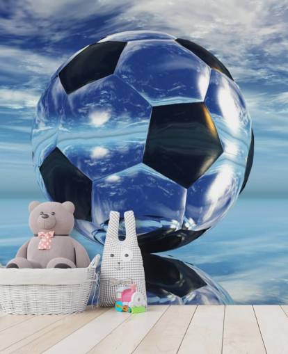 carta da parati murale blu con calcio per bambini chiamato Aqua Football per camere da letto e sale giochi per bambini