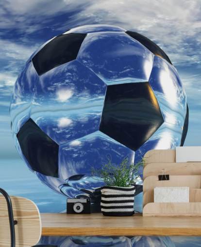 mural azul de papel pintado de fútbol infantil llamado Aqua Football para dormitorios infantiles y salas de juegos