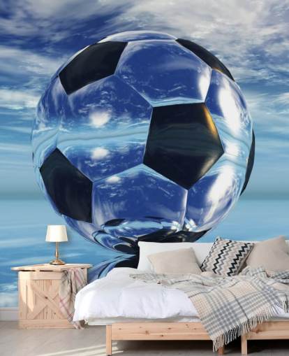 carta da parati murale blu con calcio per bambini chiamato Aqua Football per camere da letto e sale giochi per bambini