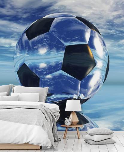 mural azul de papel de parede de futebol infantil chamado Aqua Football para quartos infantis e salas de jogos