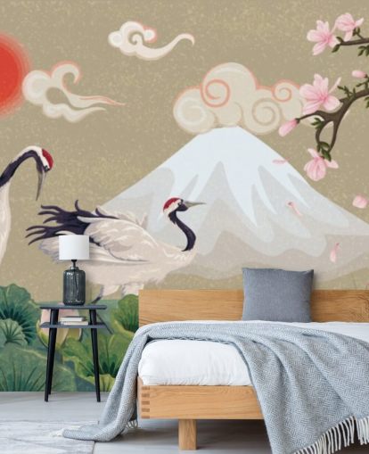 japanese cranes with mount fuji in background wallpaper japanese cranes with mount fuji in background wallpaper