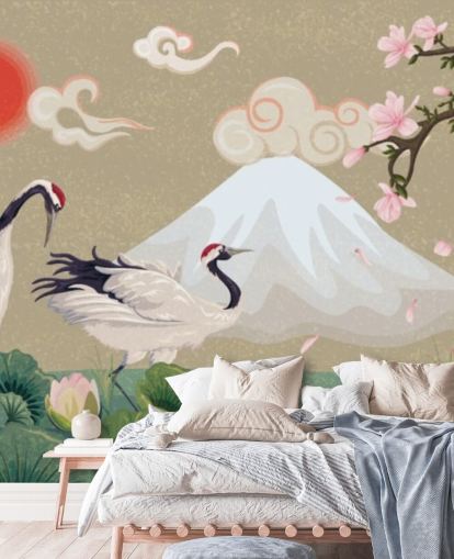 japanska kranar med mount fuji i bakgrunden tapeter