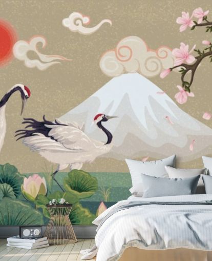 grues japonaises avec le mont fuji en fond d'écran