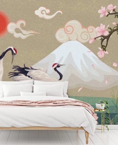 grullas japonesas con el monte fuji en fondo de pantalla grullas japonesas con el monte fuji en fondo de pantalla